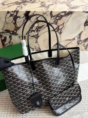 Luxury Classic Goyardine St. Louis PM Tote w/ Pouch - Black & Tan